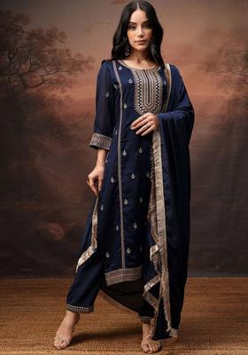 Navy Blue Embroidered Polyester Kurta Set