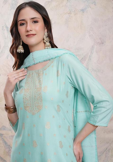 Blue Woven Design Polyester Kurta Set — view on Indya