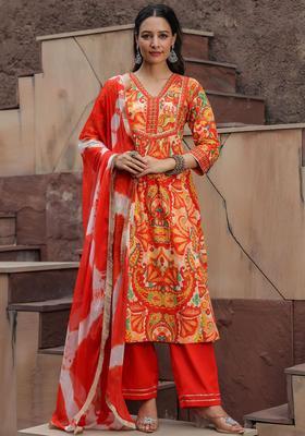 Orange Printed Cotton Kurta Set