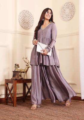 Lavender Solid Silk Kurta Set