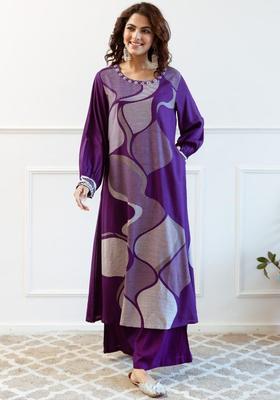Purple Printed Viscose Kurta Set