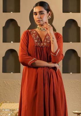 Rust Yoke Design Silk Blend Kurta Set