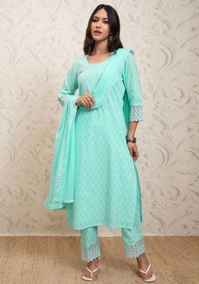 Turquoise Blue Printed Cotton Kurta Set
