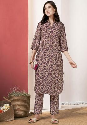 Purple Printed Viscose Kurta Set