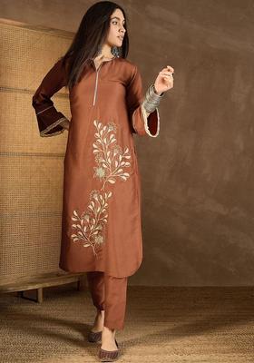 Rust Embroidered Silk Blend Kurta Set