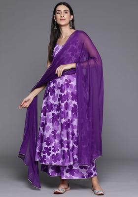 Purple Printed Silk Kurta Set