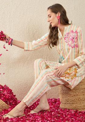 Cream Printed Cotton Kurta Set