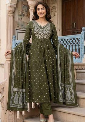 Olive Printed Viscose Kurta Set