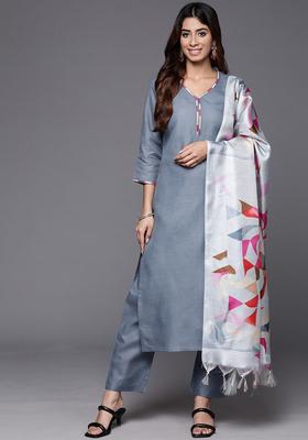 Grey Solid Cotton Kurta Set
