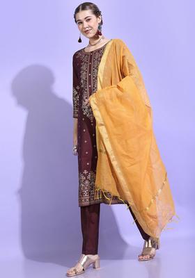 Burgundy Printed Viscose Kurta Set