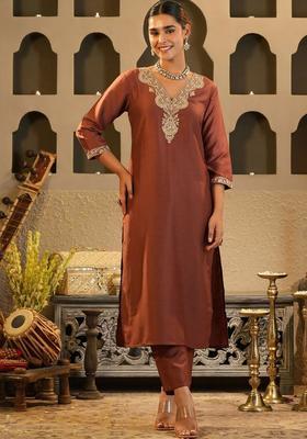 Brown Embroidered Silk Blend Kurta Set