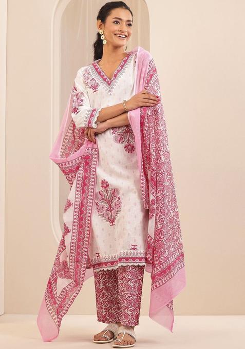 White Printed Cotton Kurta Set