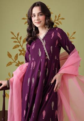 Purple Printed Polyester Kurta Set