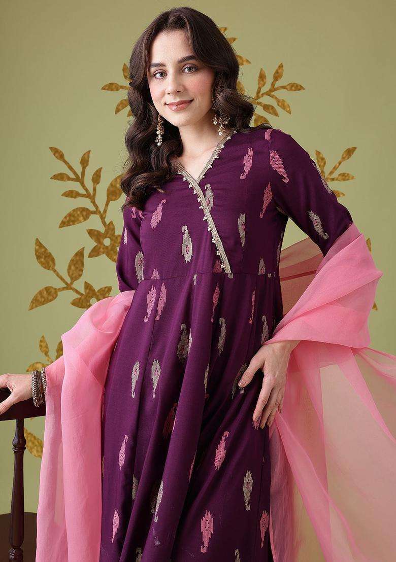 Purple Printed Polyester Kurta Set - Indya