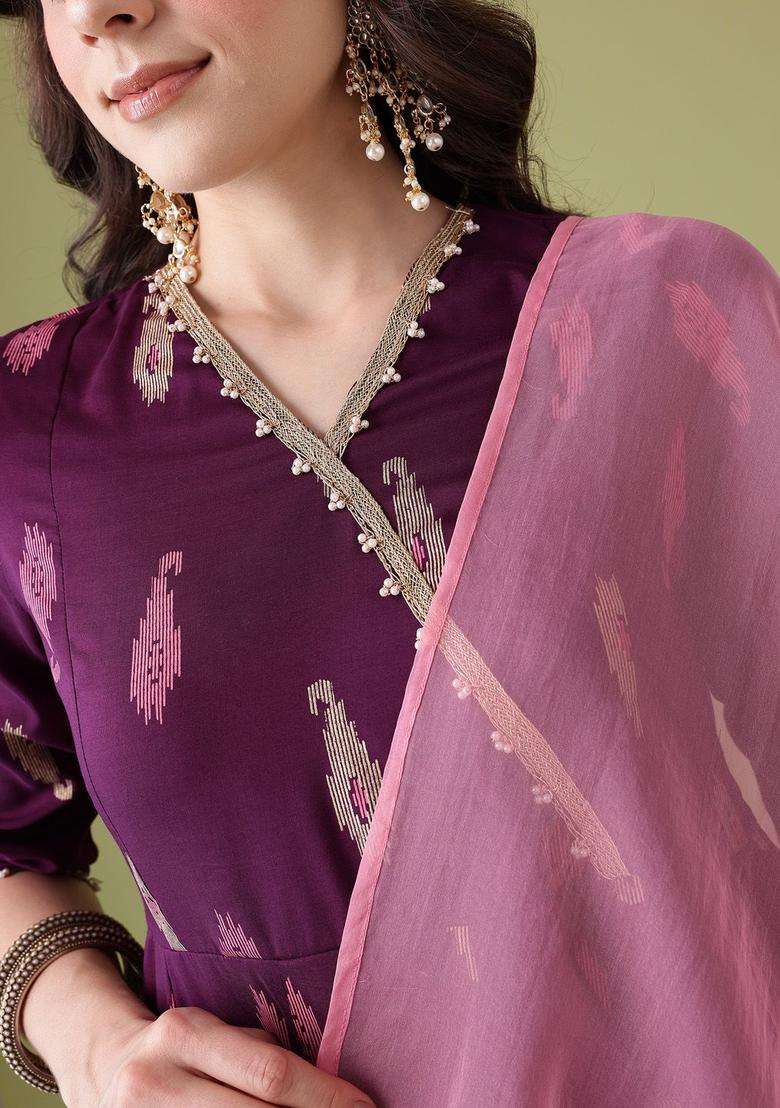 Purple Printed Polyester Kurta Set - Indya