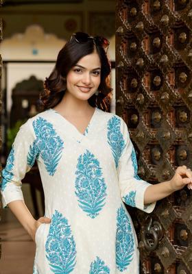 Turquoise Blue Printed Cotton Kurta Set