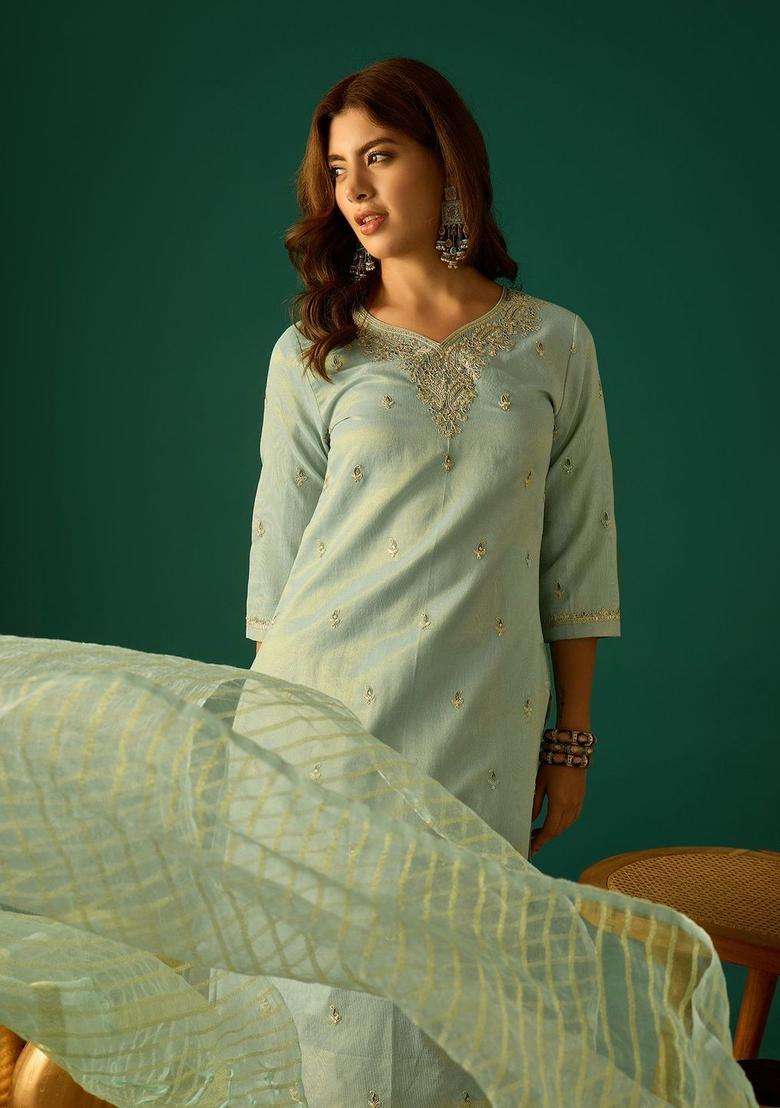 Sea Green Embroidered Silk Sharara Set - Indya