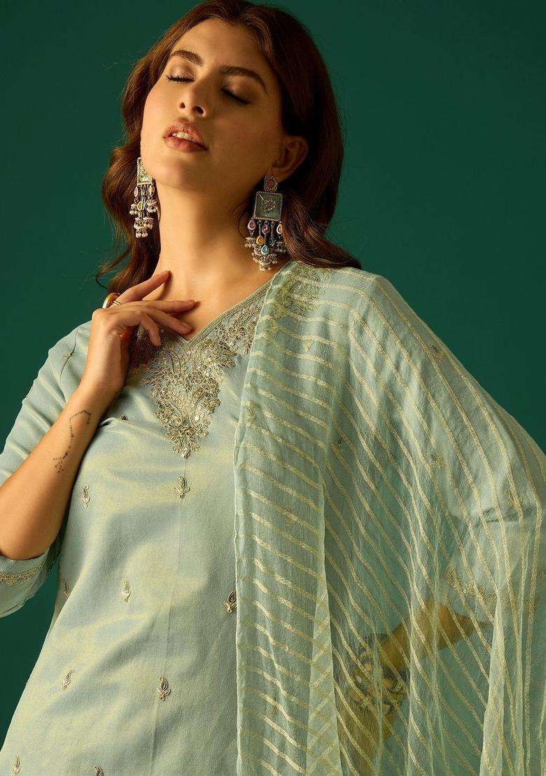 Sea Green Embroidered Silk Sharara Set - Indya