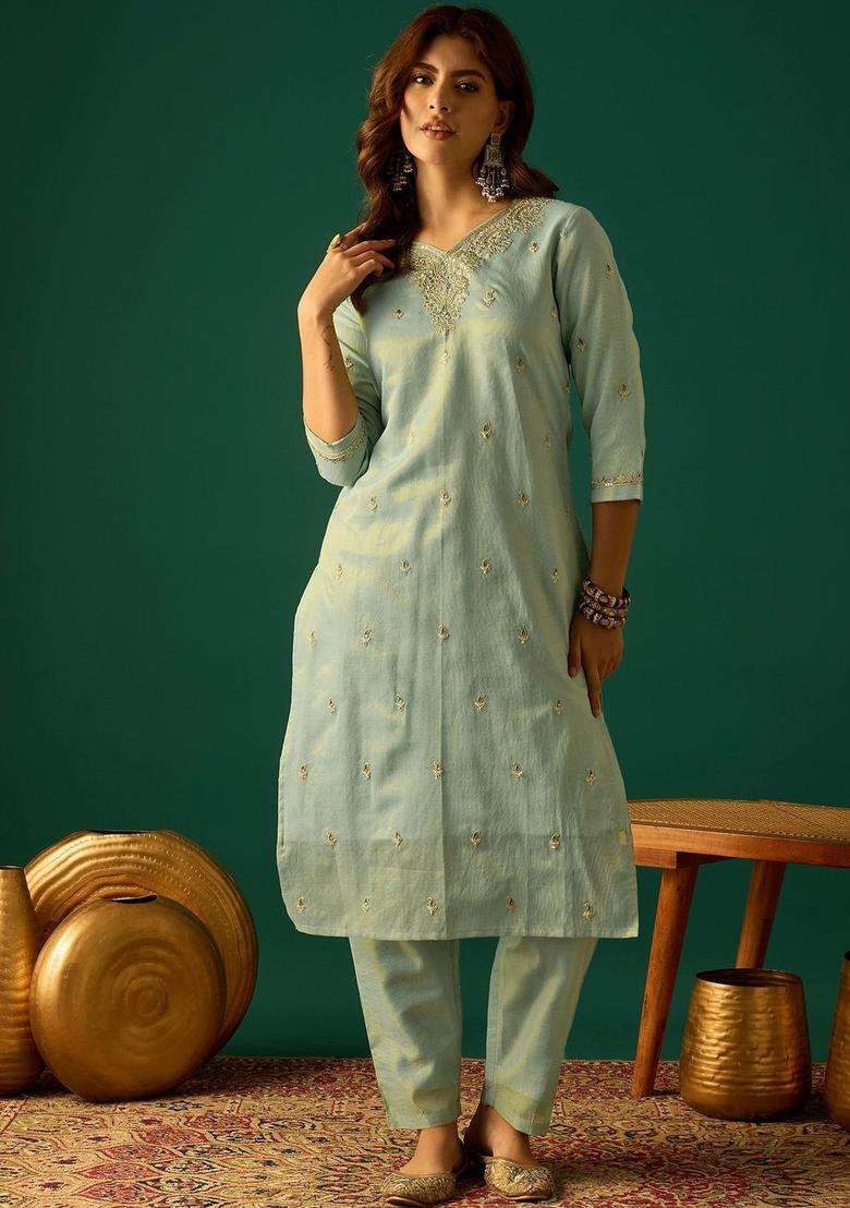 Sea Green Embroidered Silk Sharara Set - Indya