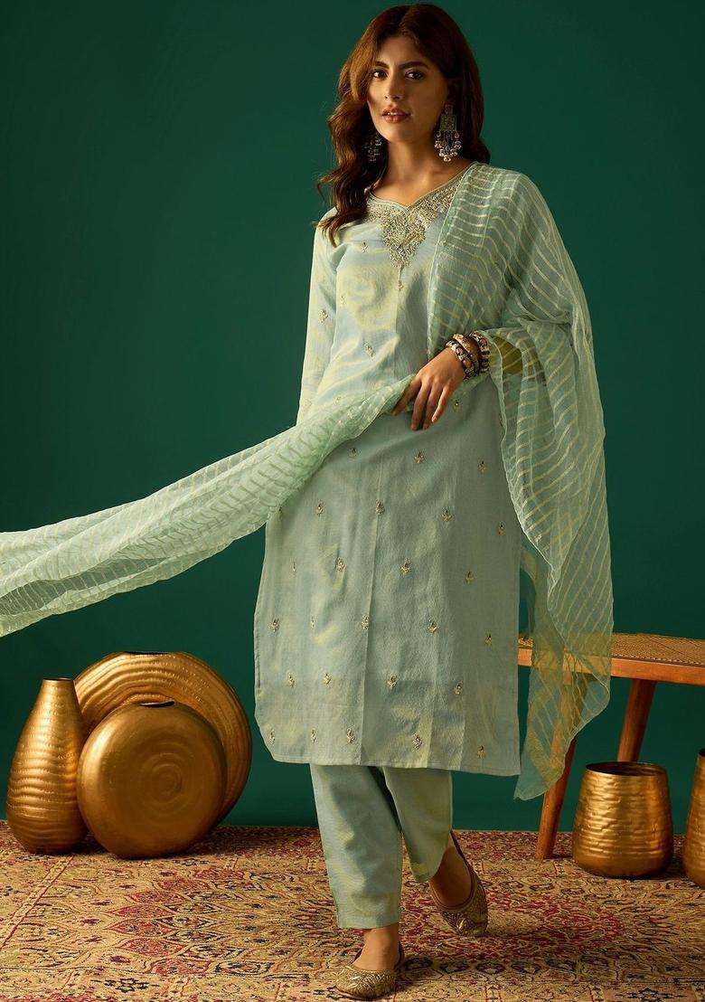 Sea Green Embroidered Silk Sharara Set - Indya