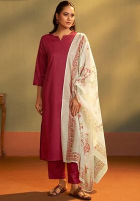 Maroon Solid Cotton Kurta Set