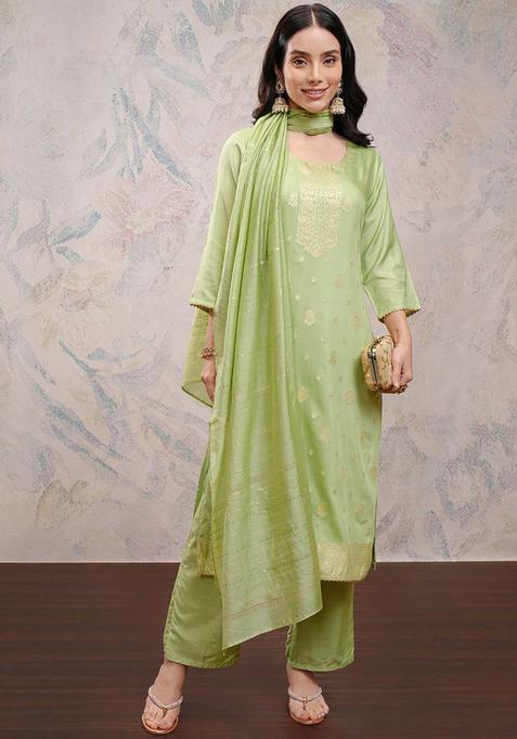 Green Embroidered Nylon Kurta Set — view on Indya