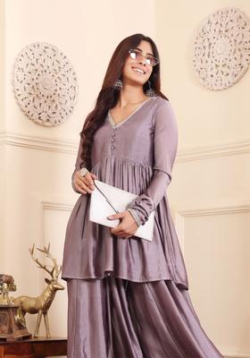 Lavender Printed Silk Kurta Set