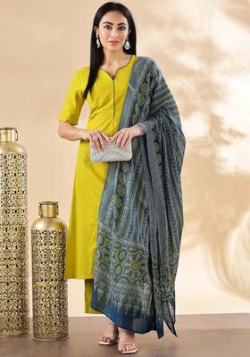 Lime Green Solid Cotton Kurta Set