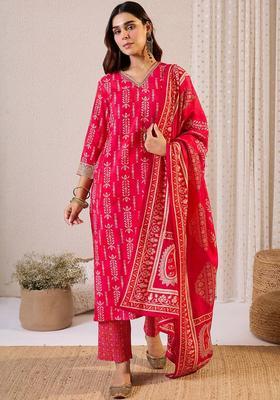 Red Printed Silk Kurta Set