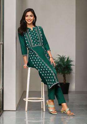 Green Printed Chinon Kurta Set