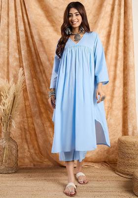 Blue Solid Cotton Kurta Set