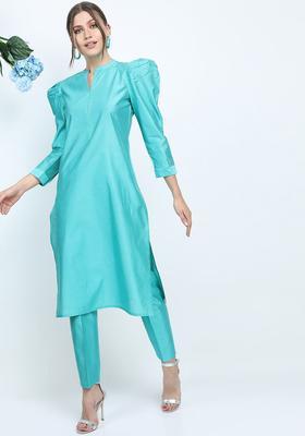 Turquoise Blue Solid Viscose Kurta Set