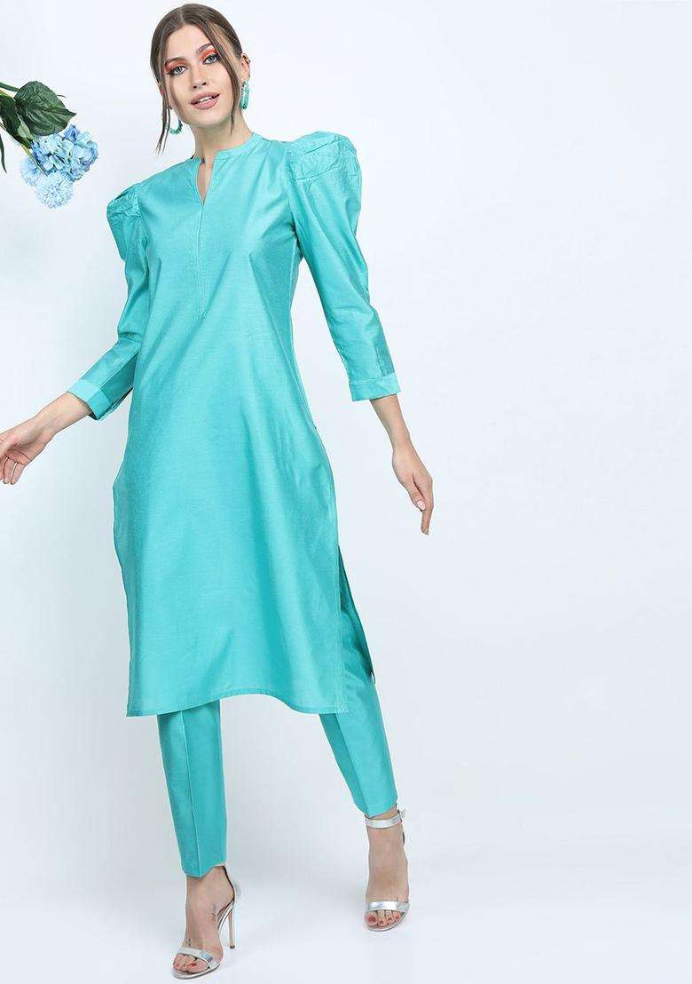 Turquoise Blue Solid Viscose Kurta Set - Indya