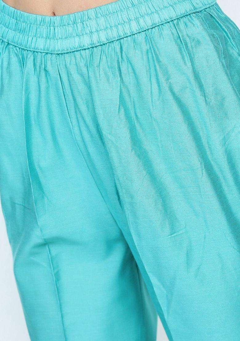 Turquoise Blue Solid Viscose Kurta Set - Indya