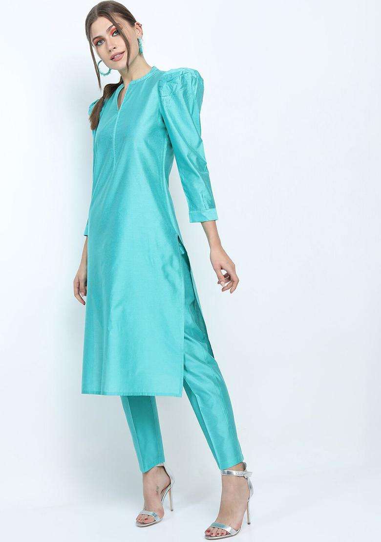 Turquoise Blue Solid Viscose Kurta Set - Indya