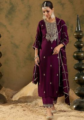 Burgundy Embroidered Silk Blend Kurta Set