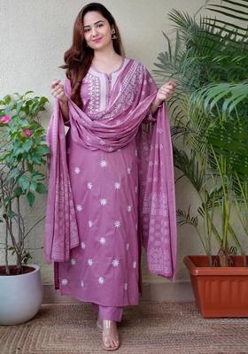 Purple Printed Viscose Kurta Set