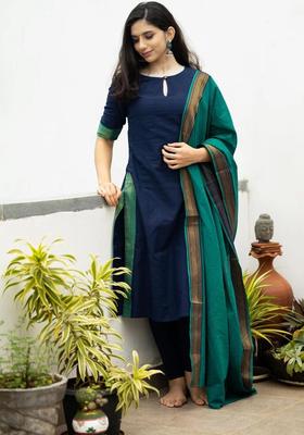 Navy Blue Solid Viscose Kurta Set