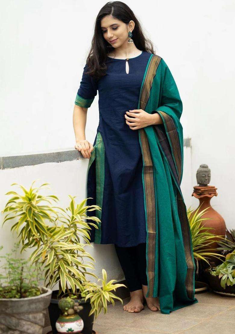 Navy Blue Solid Viscose Kurta Set - Indya