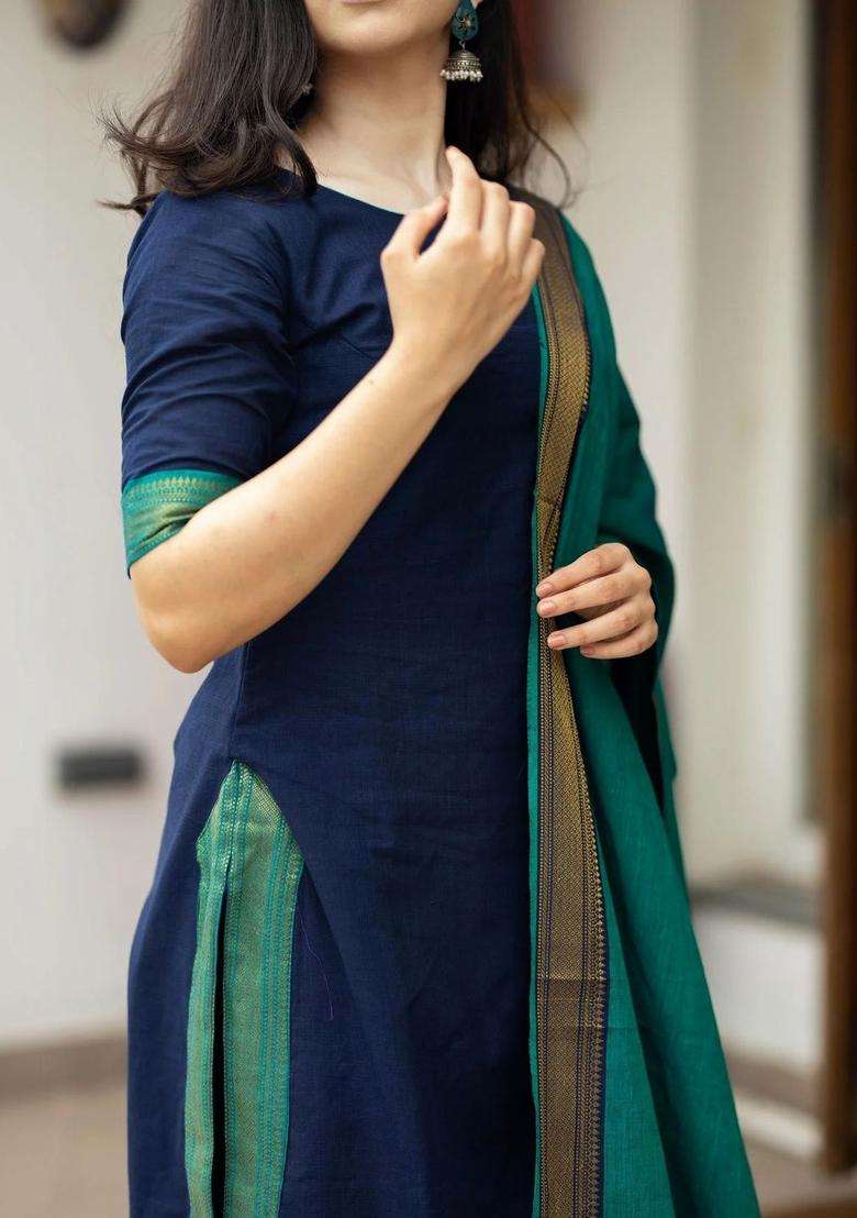 Navy Blue Solid Viscose Kurta Set - Indya