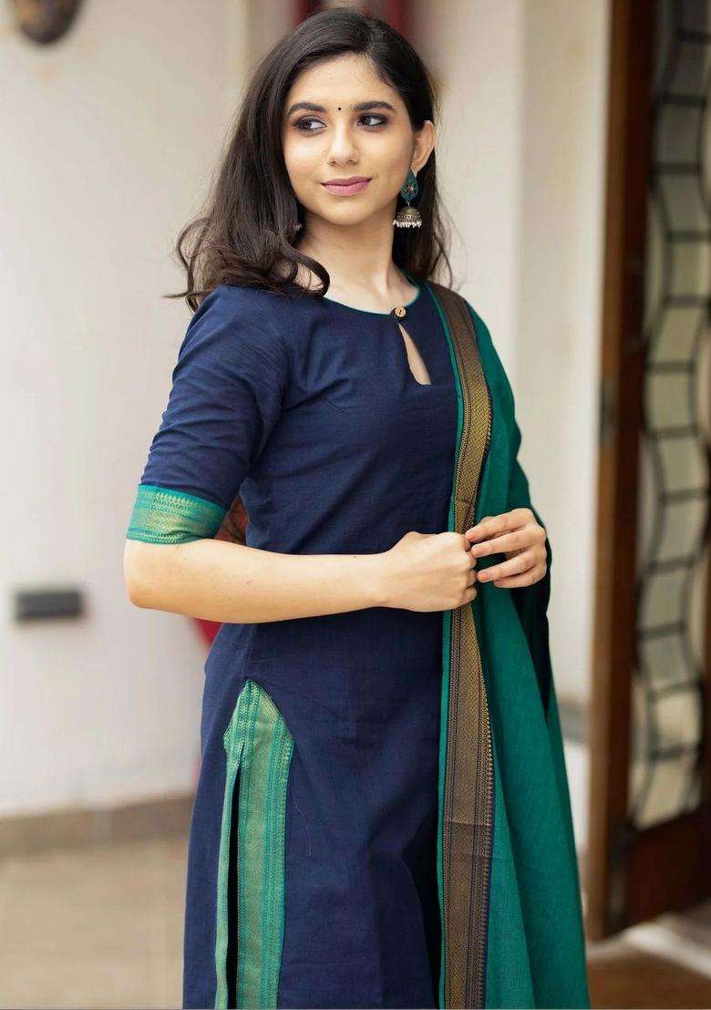 Navy Blue Solid Viscose Kurta Set - Indya
