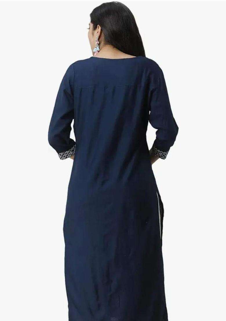 Navy Blue Solid Viscose Kurta Set - Indya