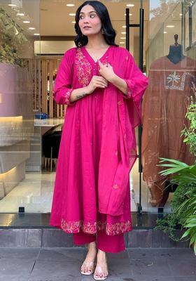 Fuchsia Embroidered Silk Kurta Set