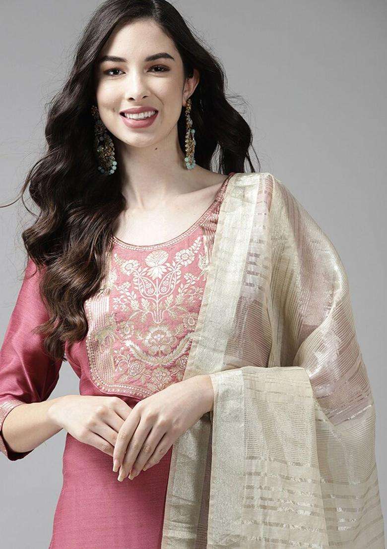 Pink Yoke Design Cotton Kurta Set - Indya