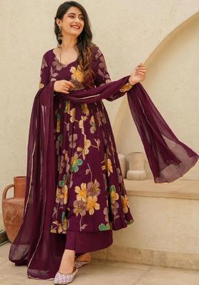 Purple Printed Silk Kurta Set