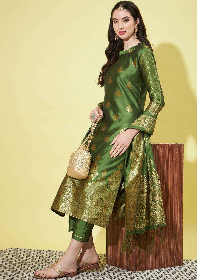 Green Woven Design Silk Blend Kurta Set - Indya