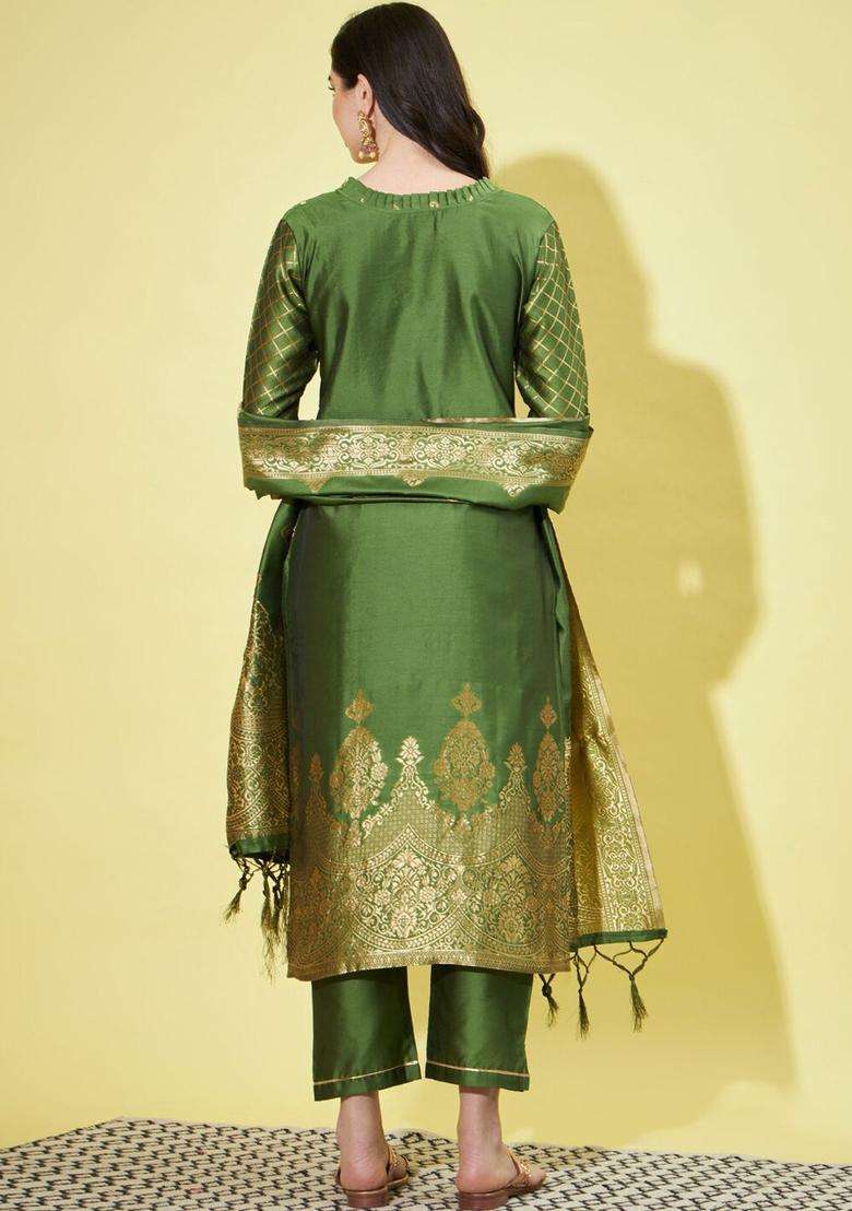 Green Woven Design Silk Blend Kurta Set - Indya