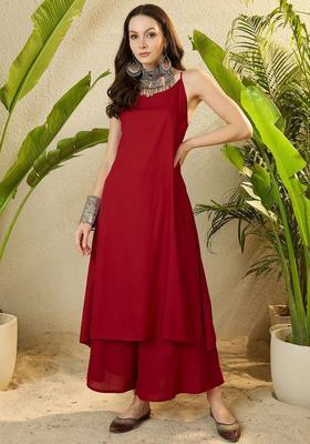 Maroon Solid Viscose Kurta Set