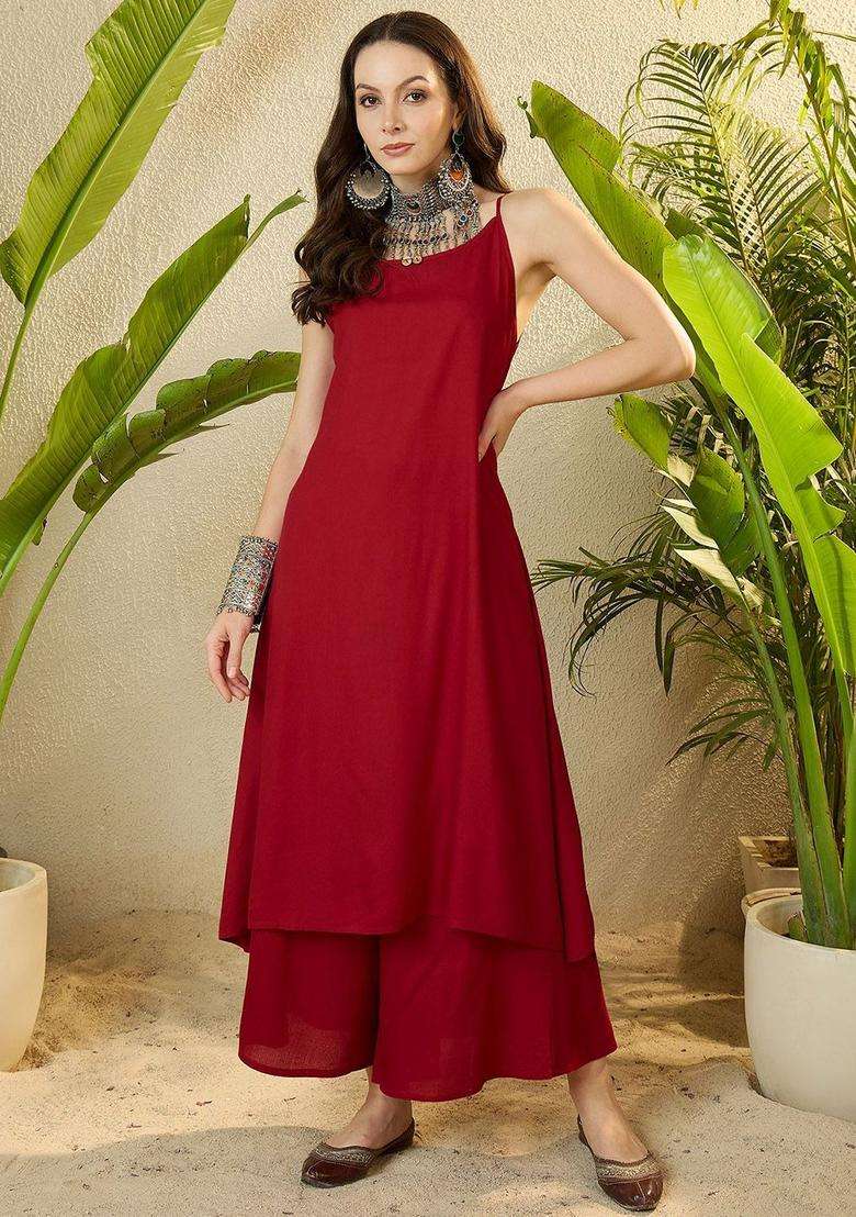 Maroon Solid Viscose Kurta Set - Indya