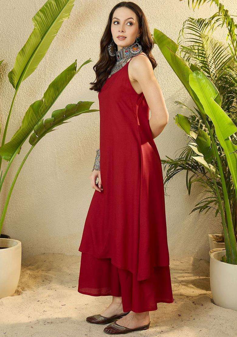 Maroon Solid Viscose Kurta Set - Indya